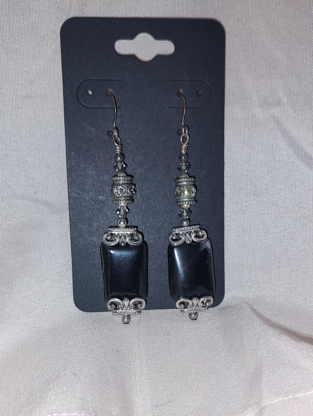 Blue Tigers Eye Semi Raw Stone Drop Earrings with Silver Tone Accents